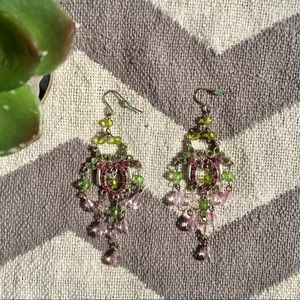 Green pink silver chandelier earrings rainbow
